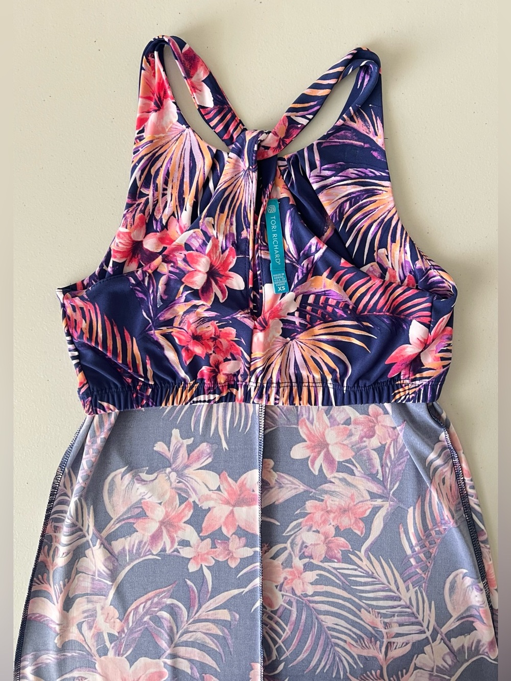 Tori Richard Tropical Floral Dress XS Racerback Blue Pink Shift - Picture 5 of 11